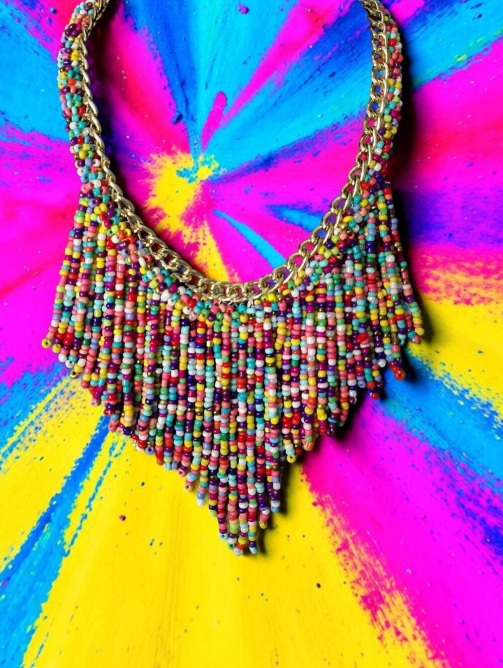 Gold-Chain Multicolor Seed-Bead Fringe Necklace - Picture 3 of 3